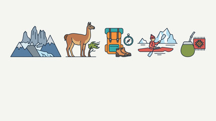 Set of Patagonia travel icons featuring mountains llama hiking gear kayaking and mate. © Ubaidullah_Sufyan