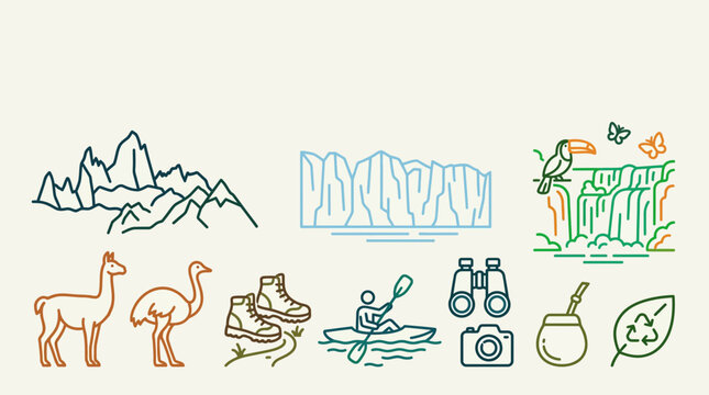 Set of Patagonia travel icons and adventure symbols in line art style.