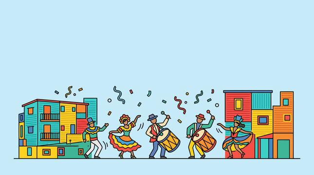 Vibrant cartoon illustration of people dancing and playing drums at a colorful carnival celebration.