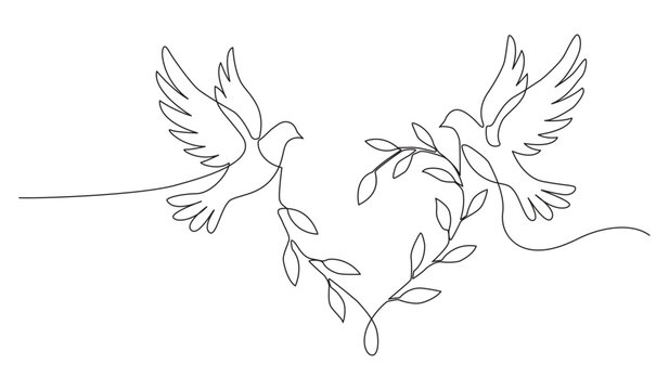 Minimalist continuous line art drawing of two peace doves flying with leaves vector illustration
