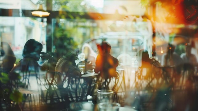 Cafe scene through window blurred people