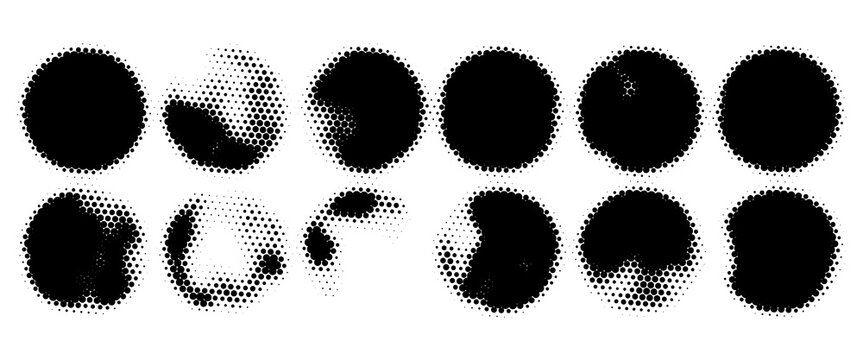 Half tone circle. Round dotted frame, circles pattern border and abstract halftone graphic design vector set