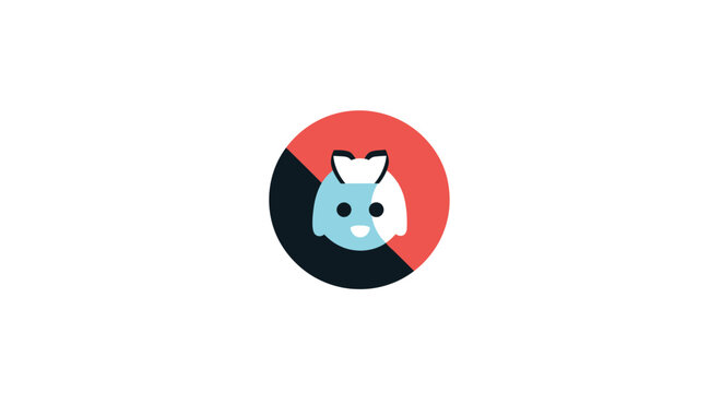 A stylized circular icon featuring a cute cartoon character face on a split background