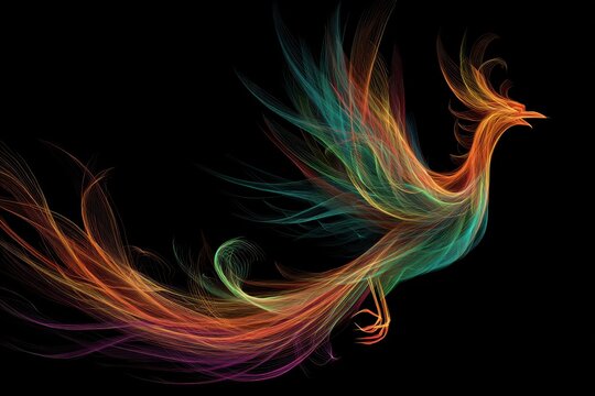 Majestic phoenix bird silhouette created with vibrant colorful light trails on black back.