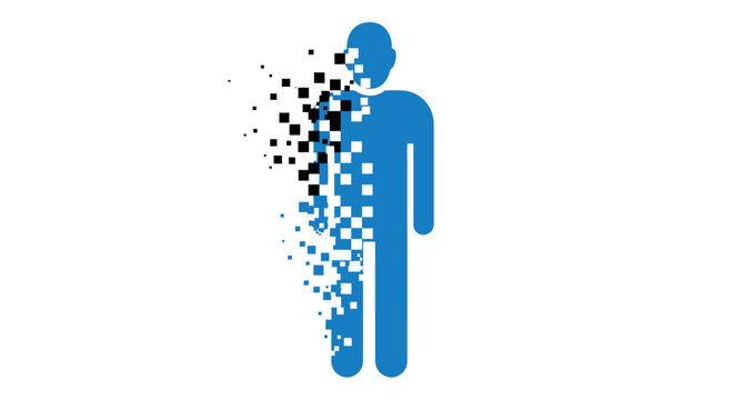 A blue human silhouette dissolving into small black and white square pixels