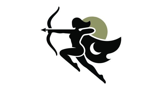 Silhouette of a female archer aiming bow and arrow with cape and moon symbol