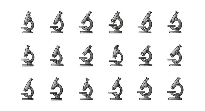 Microscopes arranged in rows, illustrating a pattern with scientific and research implications