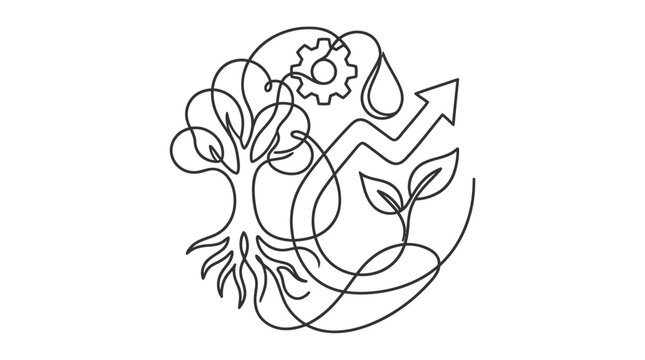 Sustainable Growth Concept: Tree, Gear, Water Drop, and Arrow Line Art