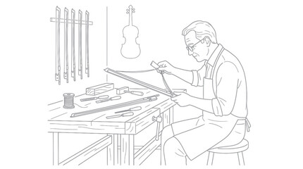 Luthier crafting a violin bow with precision tools at a workbench © Marakawulo