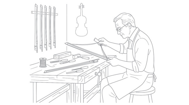 Luthier crafting a violin bow with precision tools at a workbench