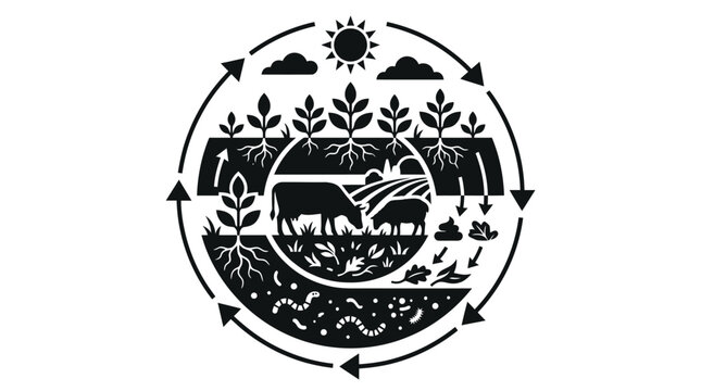 Sustainable farming cycle diagram: plants, animals, soil, sun, arrows