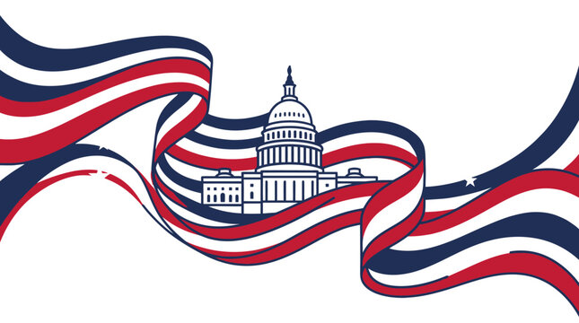 US Capitol building with waving red and blue stripes