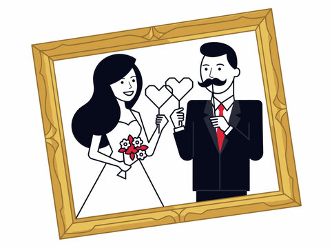 Whimsical Wedding Couple Portrait in Gold Frame - Vector Illustration of Bride and Groom with Heart Props and Fake Mustache for Invitations and Save the Dates