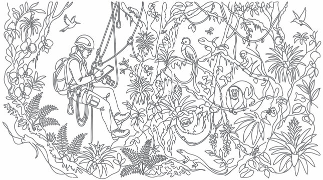 Botanist in Lush Jungle Canopy, Studying Flora with Tablet, Biodiversity Research