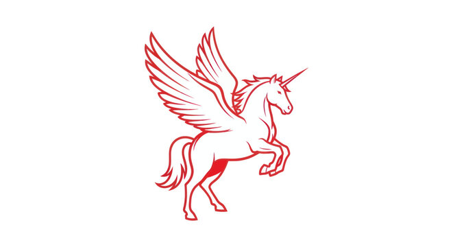 Mythical Winged Unicorn Pegasus Silhouette, Red Outline Art