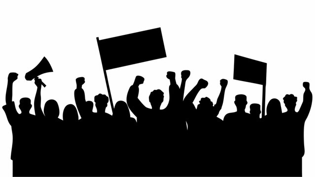 Silhouette of a crowd of people protesting with flags and a megaphone