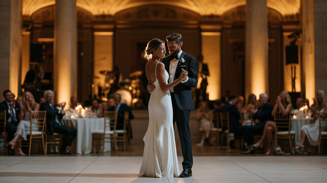 Live band drummer and saxophone player visible on an elevated stage as newlyweds glide through the first dance on the floor below, motion-blurred guests clapping at round tables, amber uplighting il