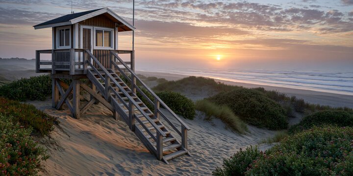 Lifeguard Tower at Sunset A wooden lifeguard tower stands sentinel on a sand dune, overlooking a serene beach as the sun dips below the horizon, casting a warm, ethereal glow over the tranquil ocean.