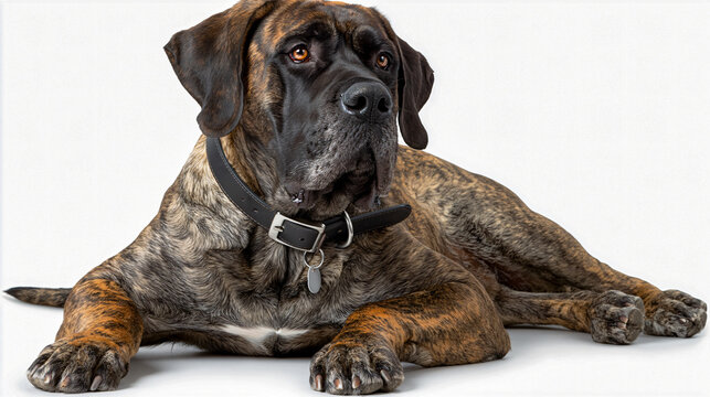 Majestic Mastiff Lying Down A powerful brindle Mastiff dog with a noble expression lies on a plain surface, its muscular build and distinctive markings evident.