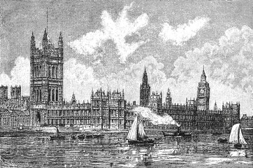 Parliament buildings in London (Houses of Parliament), grand riverside Gothic Revival architecture, towers, clock, boats and smoke on Thames, old vintage illustration, 1898. © Timofeeff