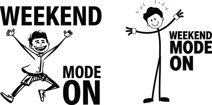 Cartoon man celebrating start of weekend with arms raised in joy