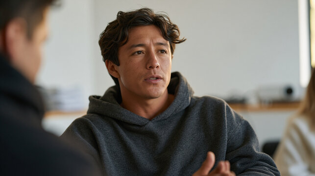 Former gang-involved young man speaks to a community group in a minimalist meeting room, sharing personal temony about his path away from ideology, a moderator nearby and printed prevention resource