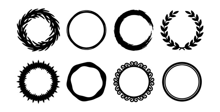 Set of 8 Black Decorative Circle Frames, Vector Badges, Wreath & Laurel Elements