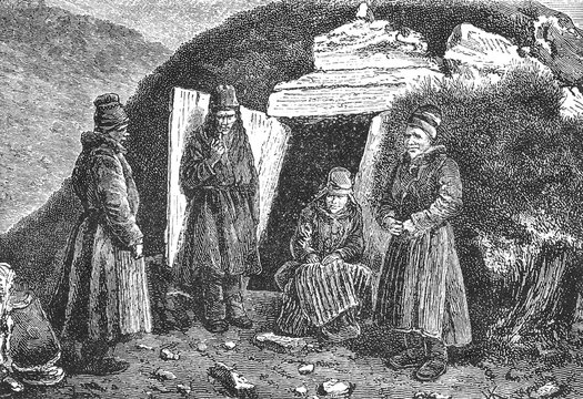 Lapland family group in traditional attire conversing near a stone entrance, old vintage illustration, 1898.