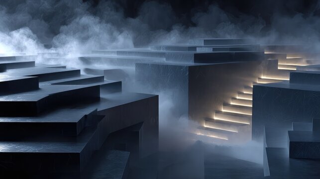 Abstract 3D maze with glowing stairs and atmospheric fog