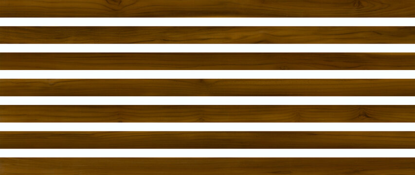 Horizontal wooden slats on white background, dark brown timber planks pattern, modern wood louver texture for architectural design and interior decor
