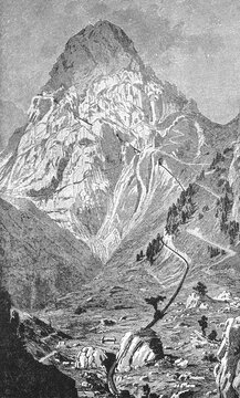 Pilatus Railway winding up the steep slope of Mount Pilatus, rugged terrain and sparse vegetation, old vintage illustration, 1898.