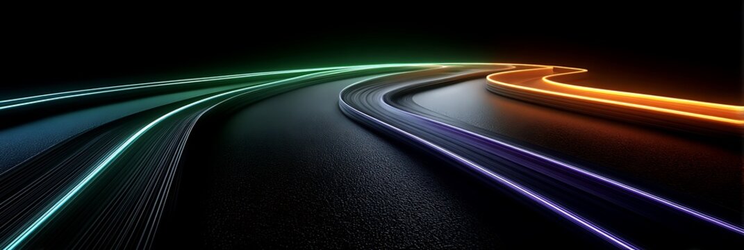 Vibrant neon light streaks moving along curved path on textured black ground depicting motion blur and high speed transportation in a futuristic digital landscape