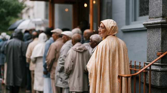 Crowd of elderly and middle-aged parishioners stands outside a small neighborhochurch in rain-soaked streets sharing news after Sunday service, a mixed group of immigrants and longtime residents for
