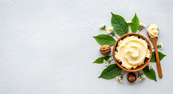 Shea butter or moisturizing cosmetic cream in a wooden bowl with hazelnuts and chamomile flowers isolated on white background