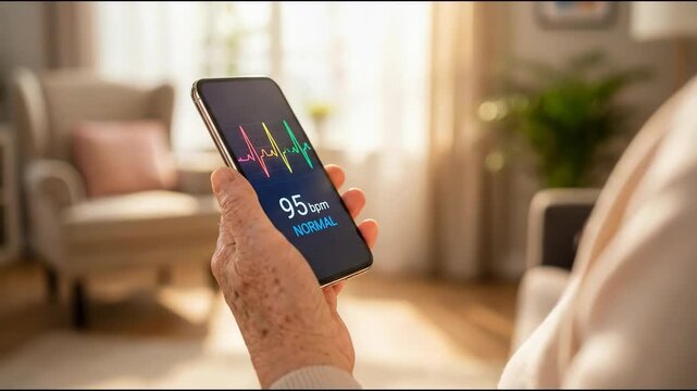 Senior woman checking heart rate on smartphone, mobile health application for elderly care and remote diagnostic