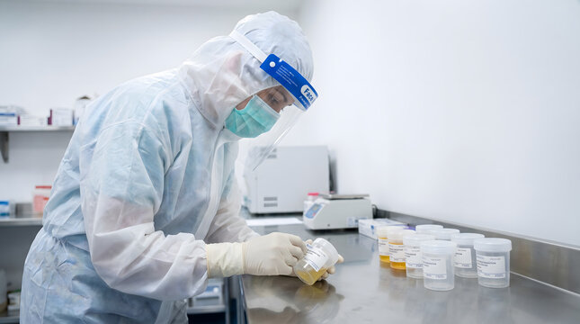 Scientist in full protective suit examining specimen container inside biosafety level laboratory room