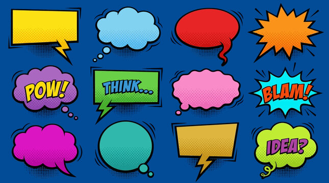 Colorful comic speech and thought bubbles, varied shapes and vibrant tones, playful grid on bright blue background for expressive design.