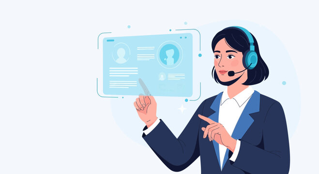 Customer service agent with headset interacting with virtual interface