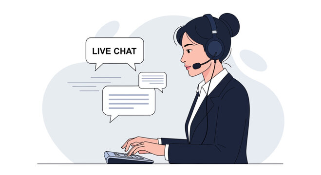 Customer service agent with headset, typing and chatting with live chat bubbles.