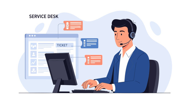 Customer service agent working at computer with ticket system interface