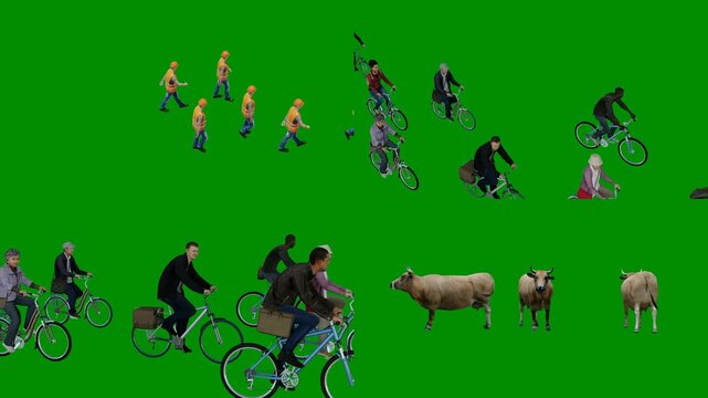 Cyclist and farm animal pack for green screen compositing with chromakey background and 3d animated cartoon animation style. Rural motion footage for editing scenes and visual transitions.