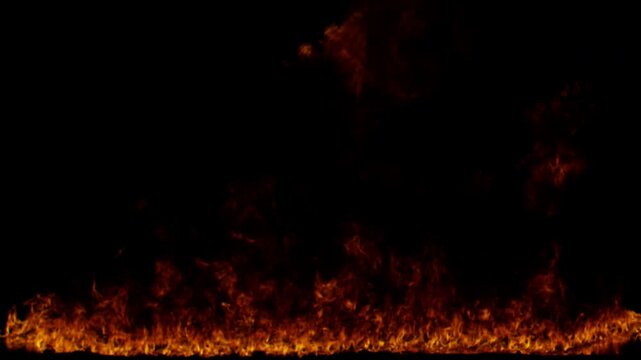 Realistic fire line burning with hot flames and sparks on an isolated black background.