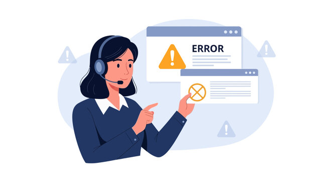 Customer service operator pointing at error messages on computer screens, technical support concept