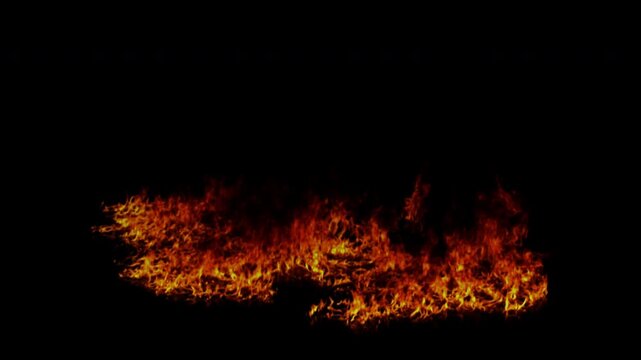 Realistic Ground Fire Burning Horizontally on a Black Background.
