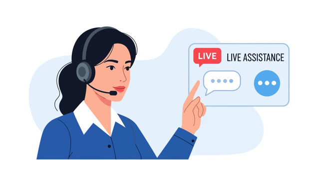 Customer service operator with headset, live chat support and assistance icon