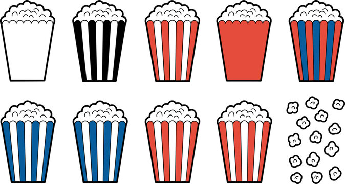 Colorful Popcorn Box Collection in Red, Blue, Black and Outline Styles Cinema Snack Flat Design Vector Illustration Set