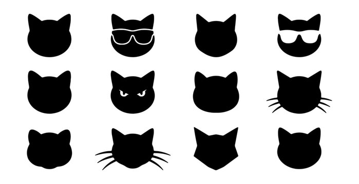 12 Black Cat Head Silhouettes, Vector Icons Set: Cute, Cool, and Mysterious Feline Faces for Graphics