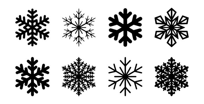 Set of 8 Black Snowflake Icons, Winter Holiday Decorative Elements, Frozen Crystal Shapes