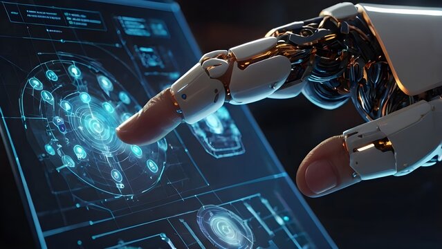 Robotic hand pointing at holographic icon of client profile. Concept of marketing automation system for audience targeting personalization and digital customer engagement. See Less
