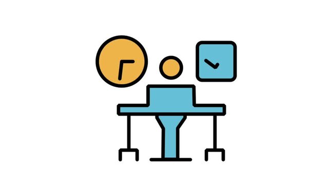 Animated time management icon showing office worker sitting between big wall clock and calendar.